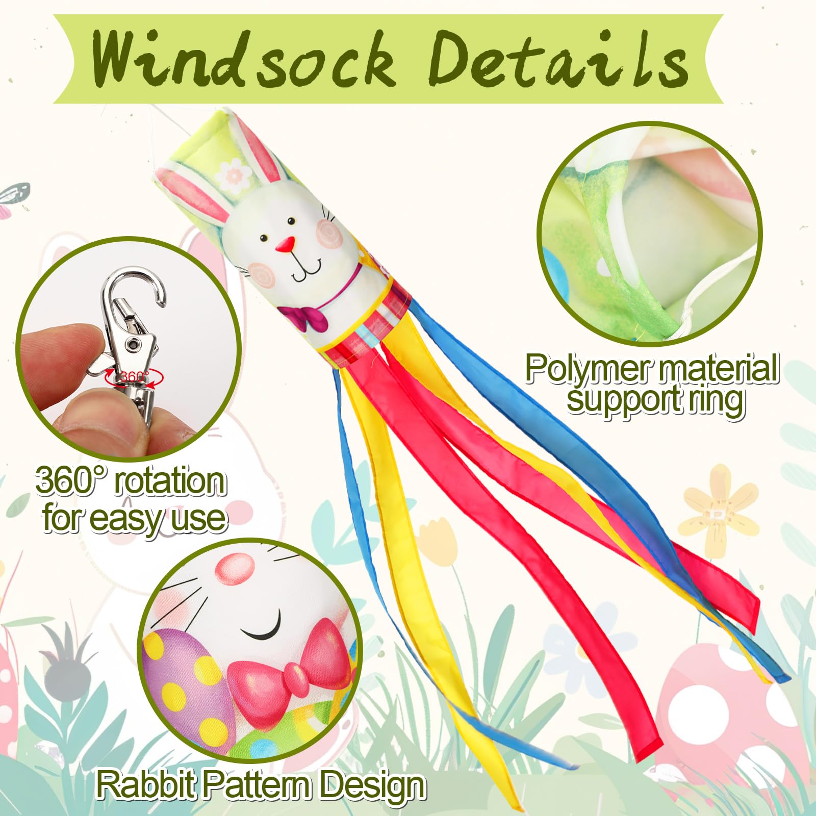 NOVWANG 40-inch bunny Easter windsock side view, vibrant colors