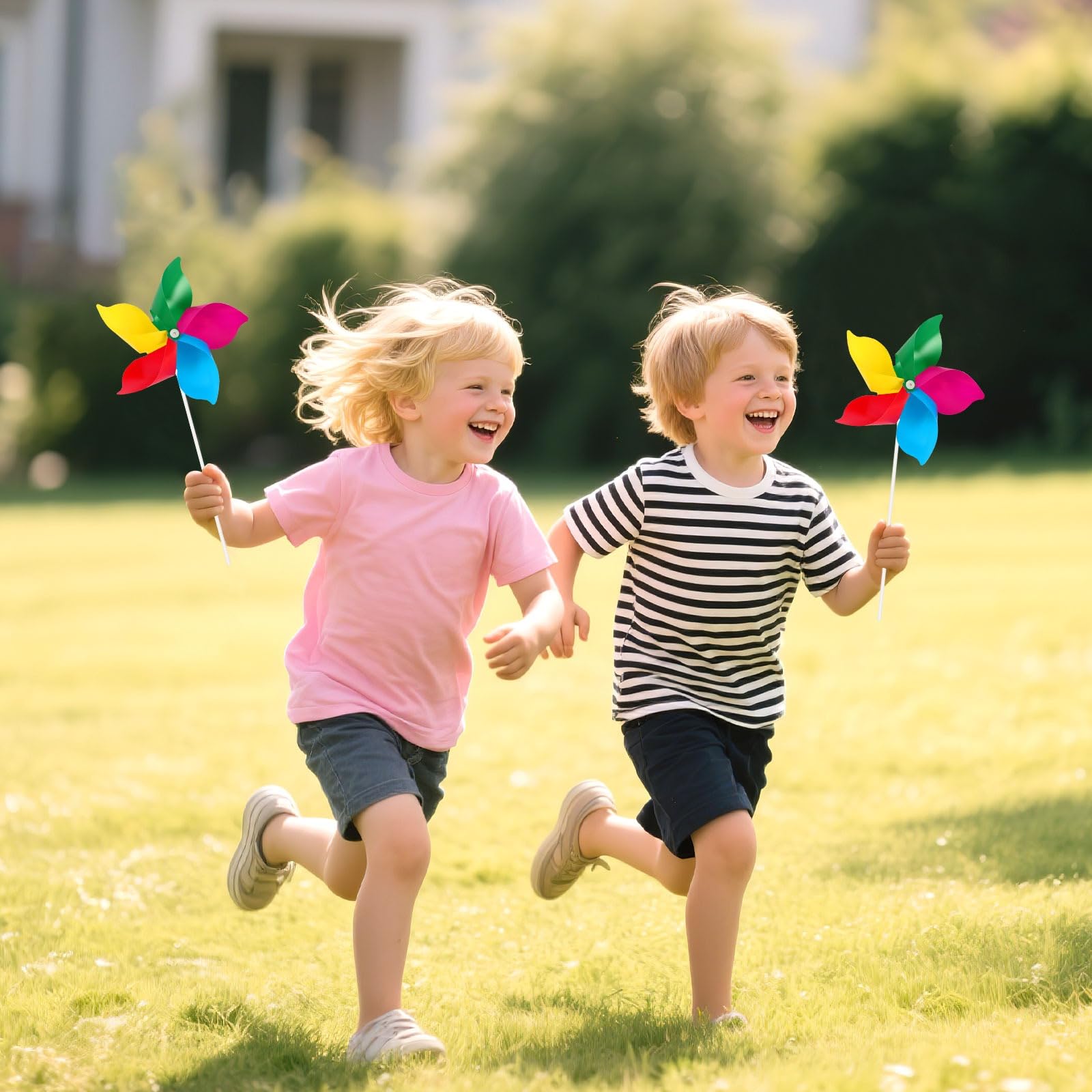 NOVWANG Rainbow Pinwheels used at a kids party adding movement and color