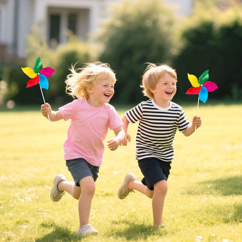NOVWANG Rainbow Pinwheels used at a kids party adding movement and color