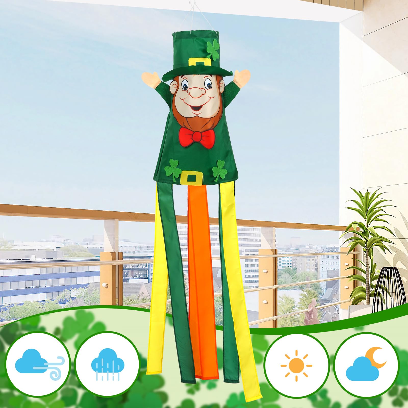 NOVWANG shamrock-pattern windsock enhances outdoor spaces with cheerful motion in breeze