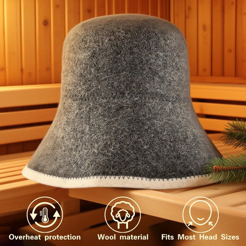 NOWHYX Wool Sauna Hat worn in a sauna with a snug one-size-fit design.
