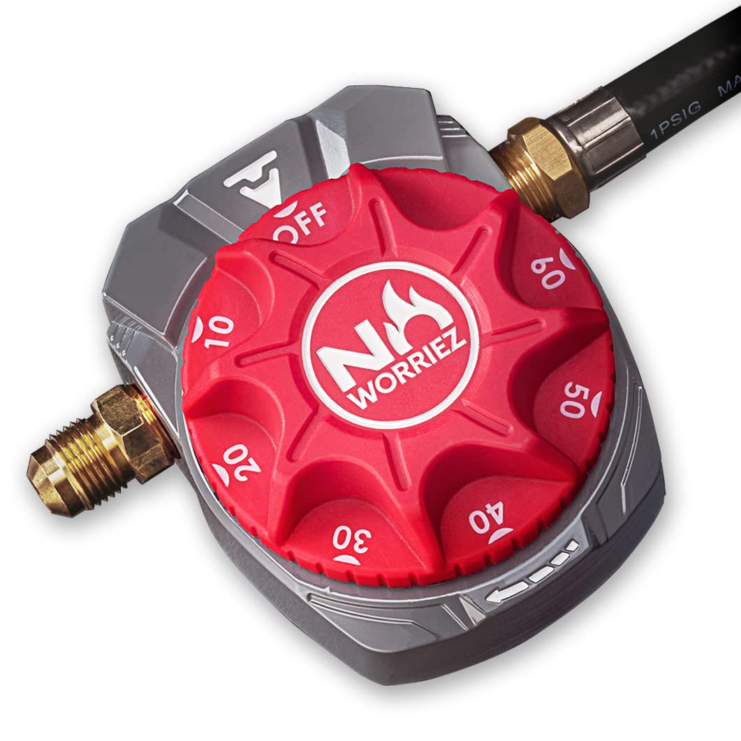 NO WORRIEZ safety timer on propane grill valve for controlled shut-off.