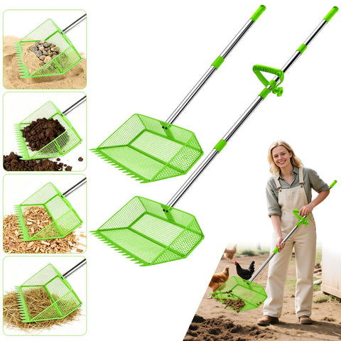 NoxLumina 2-in-1 scooper and rake with handle for quick coop cleanup