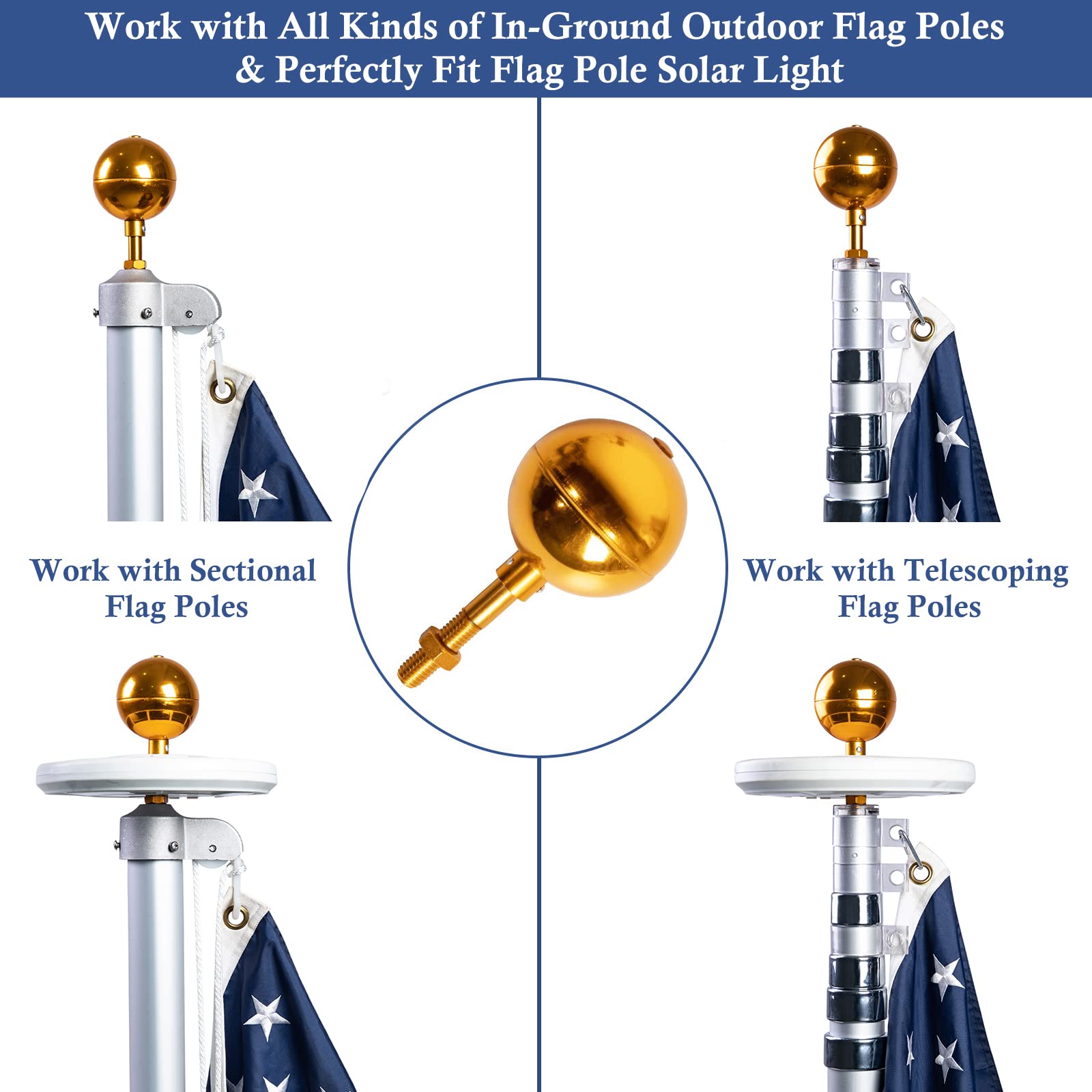 NQ elegant gold ball topper enhances flagpole, trucks, and solar signage.