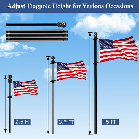 NQ adjustable flag pole length from 1.3 to 5 ft for various flags.