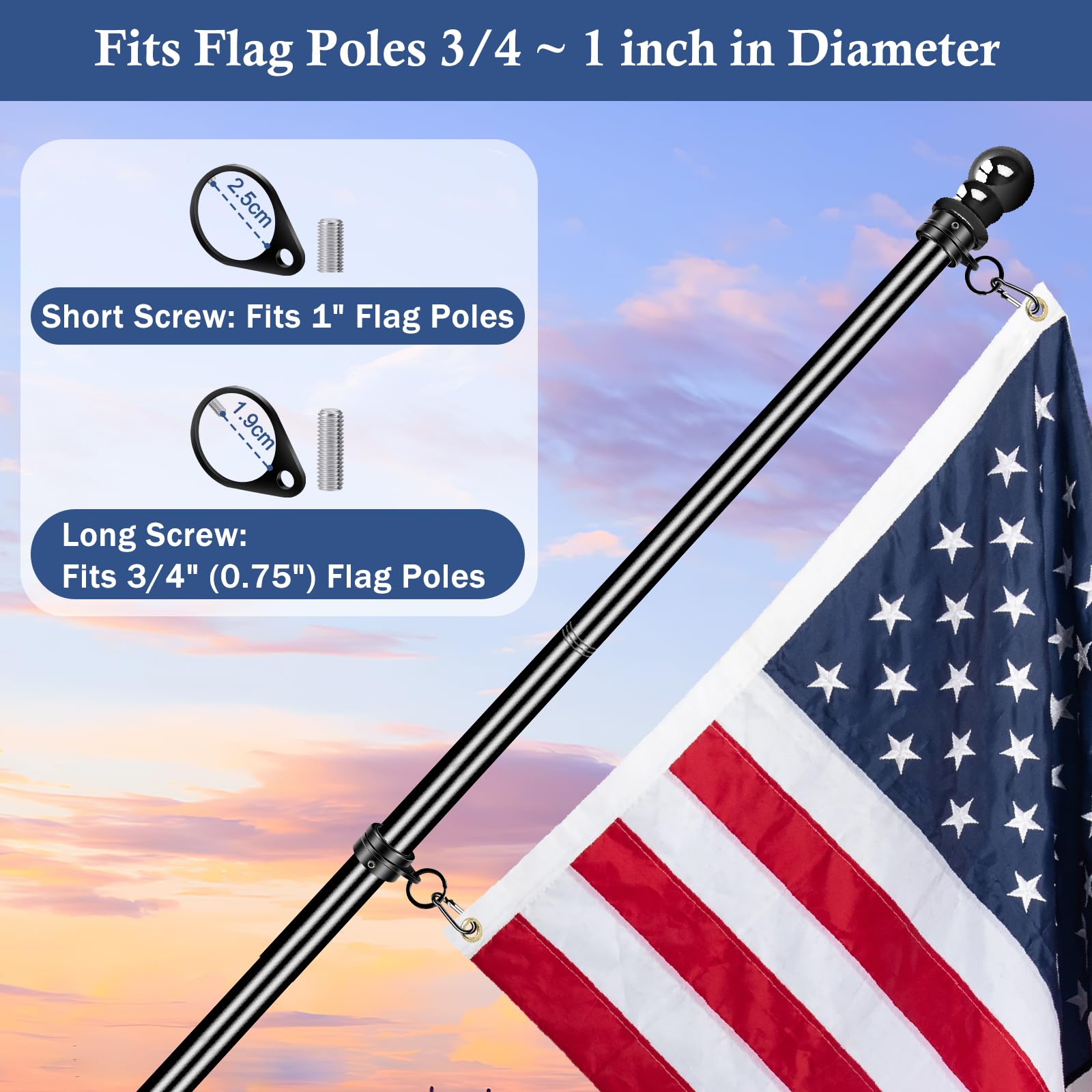 Close-up of assembly with carabiner and chains connecting flag to pole.