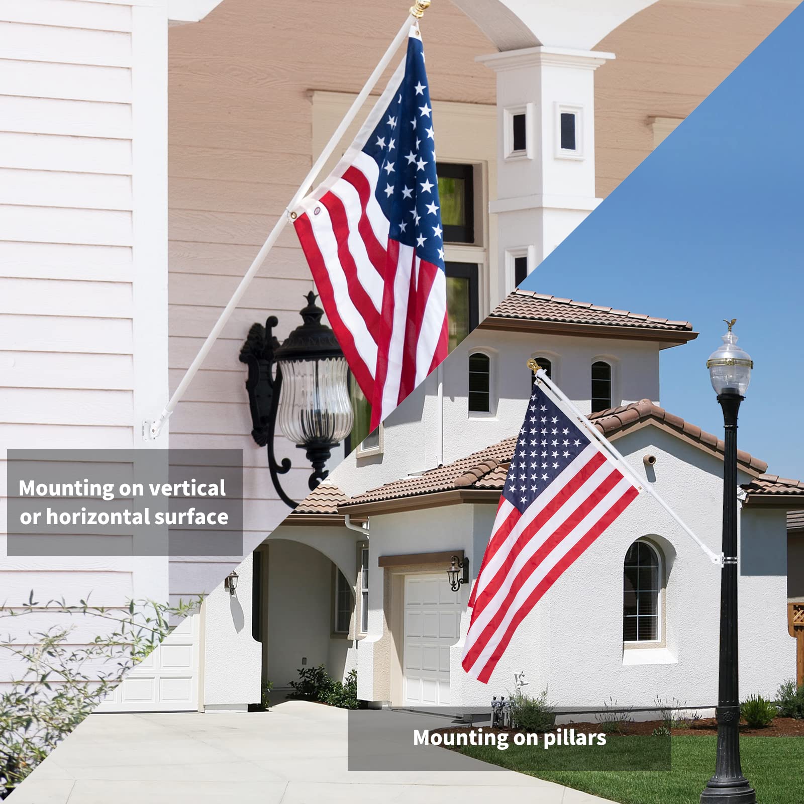 NQ flag pole holder fits porch, balcony, roof, or boat installations.