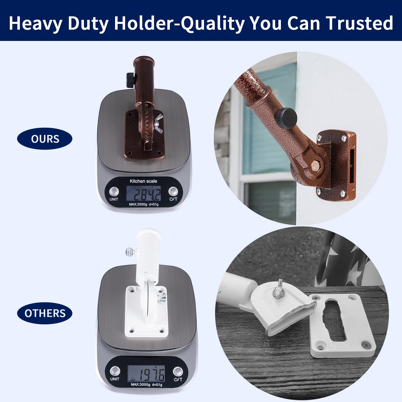 NQ easy-to-install flag pole holder on vertical or horizontal surfaces.