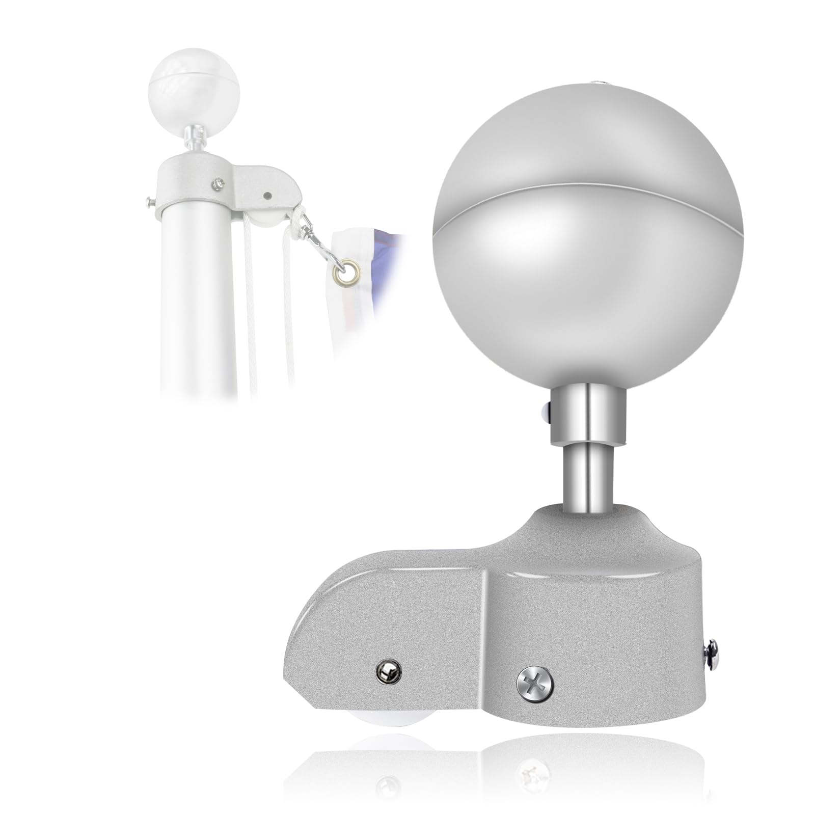 NQ flagpole silver ball topper adds rust-free, elegant outdoor display.