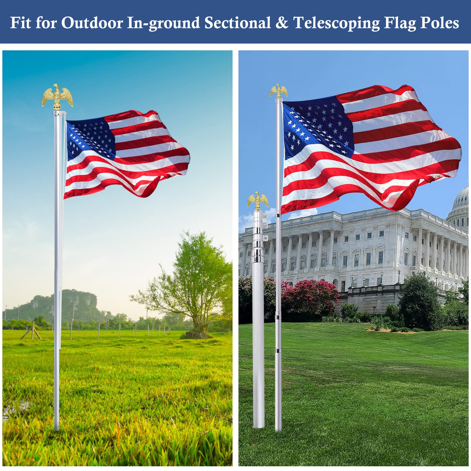 NQ Gold Eagle Finial with 2-inch thread fits many 16–30 ft poles.