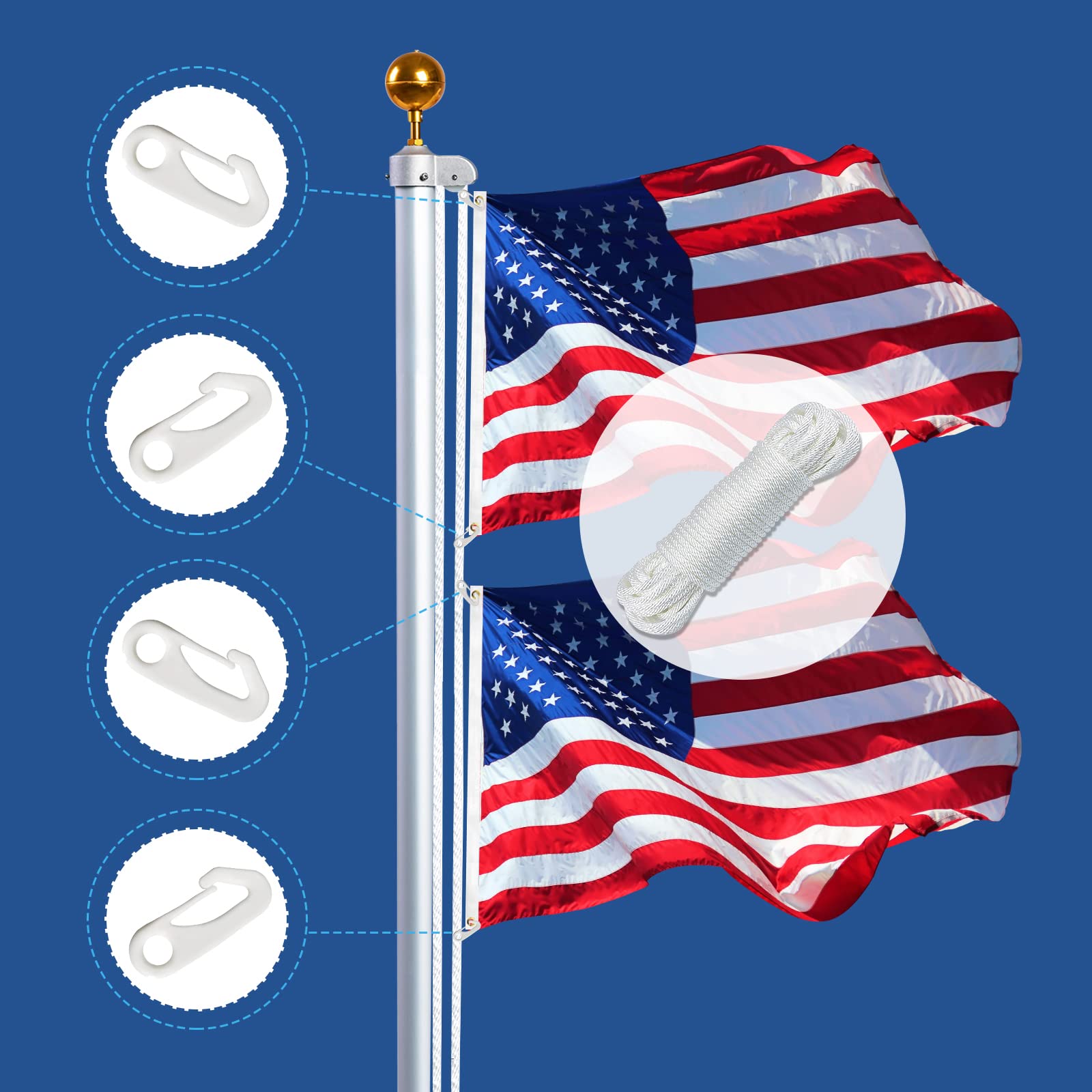NQ nylon flag clips in closeup, quiet operation vs metal in windy weather.
