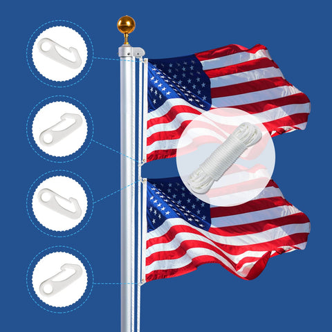 NQ nylon flag clips in closeup, quiet operation vs metal in windy weather.