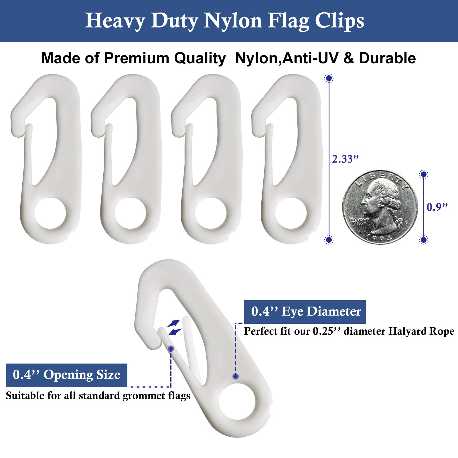 NQ weatherproof nylon clip keeps flags secure in all weather conditions.