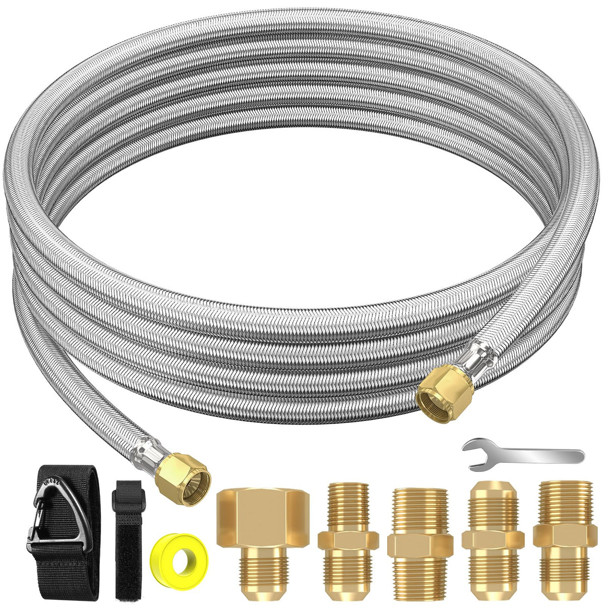NQN 12ft high‑pressure propane hose extension with braided stainless steel for outdoor durability