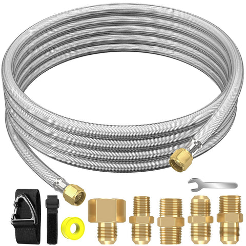 NQN 12ft high‑pressure propane hose extension with braided stainless steel for outdoor durability