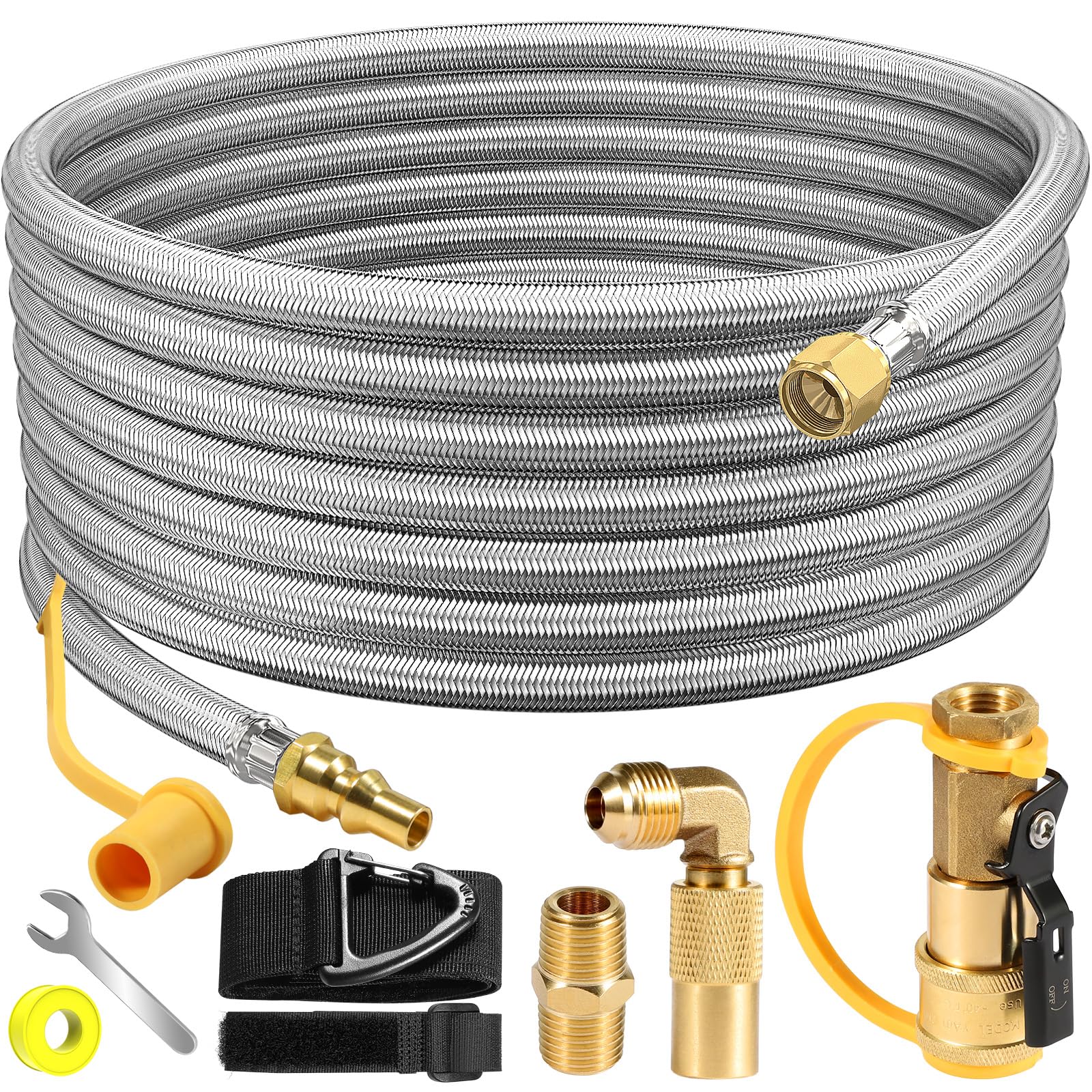 NQN 24ft RV quick-connect hose ready for safe propane hookup on the go.