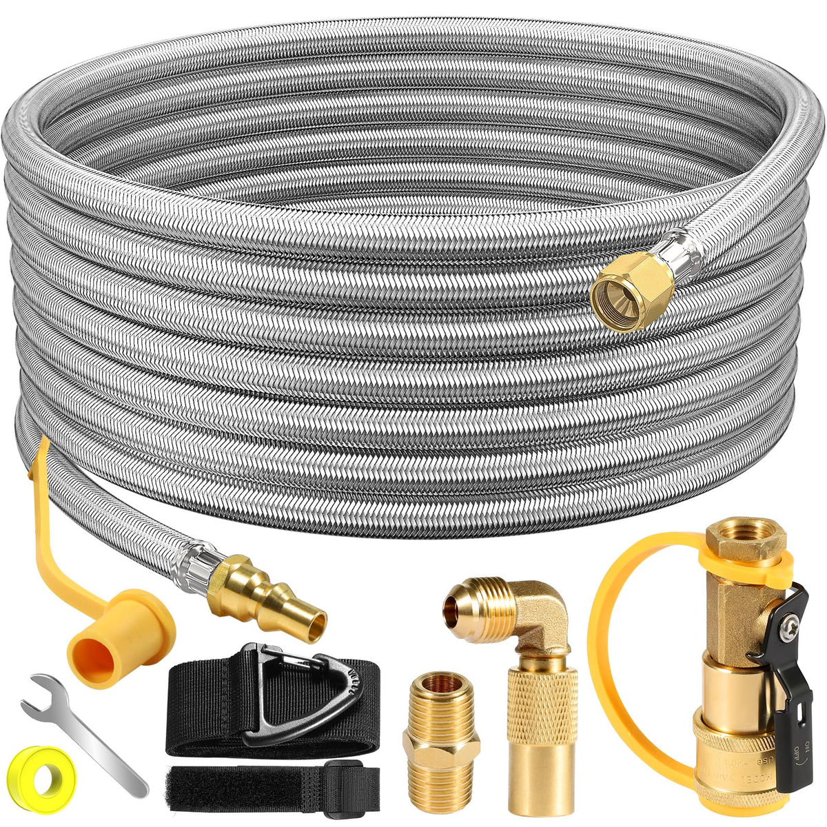 NQN 24ft RV quick-connect hose ready for safe propane hookup on the go.