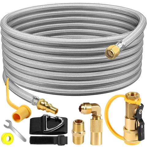NQN 24ft RV quick-connect hose ready for safe propane hookup on the go.