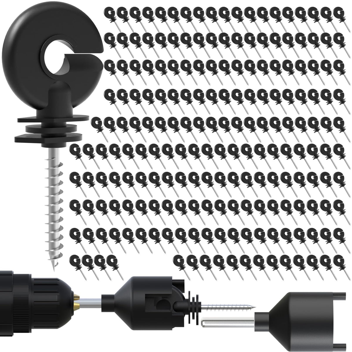 NQN electric fence insulator screw-in ring head for wooden posts and secure connections.