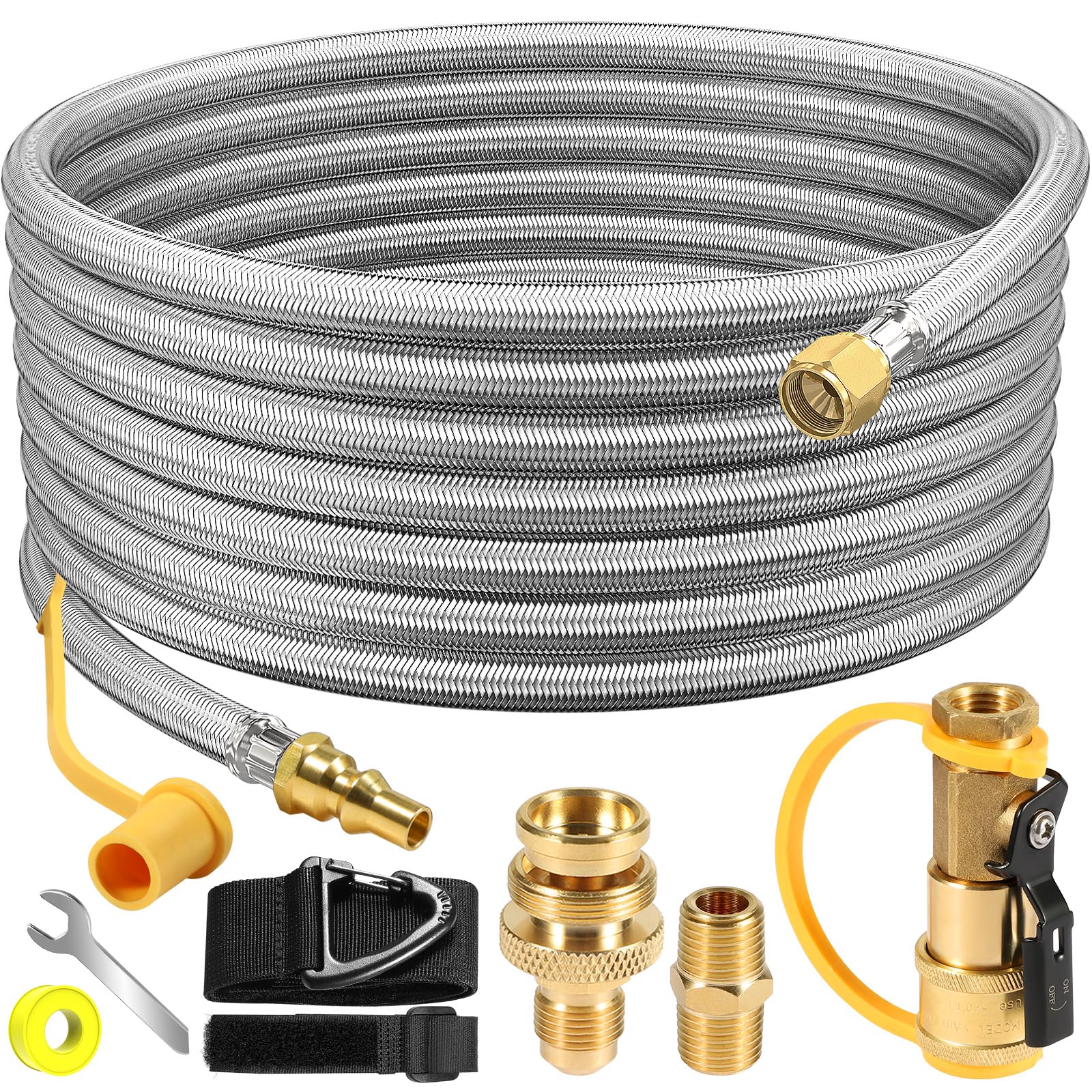 NQN 24ft propane hose ready for RV quick-connect setup and grilling.