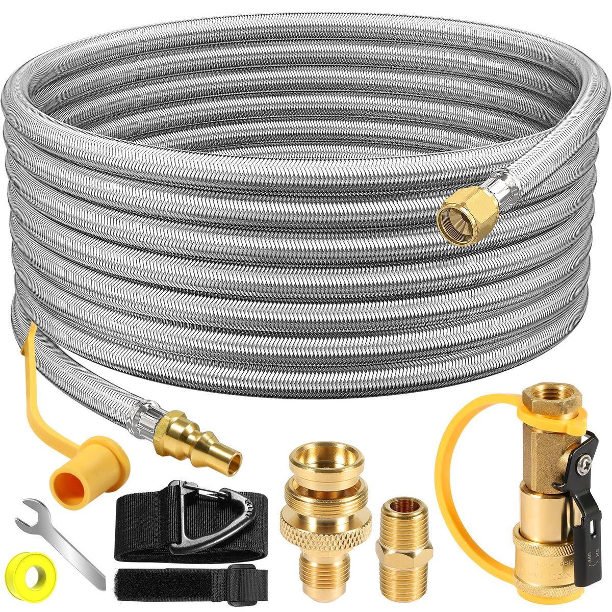 NQN 24ft propane hose ready for RV quick-connect setup and grilling.