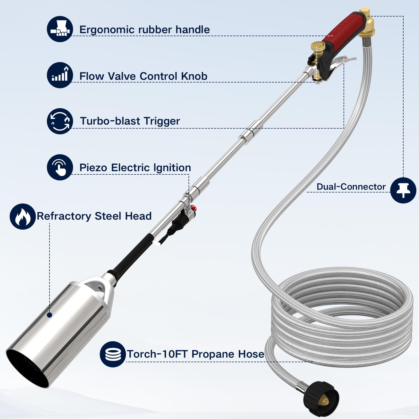 NQN weed burner with 10 ft hose enhances outdoor maneuverability.