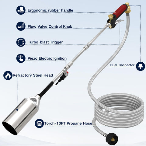 NQN weed burner with 10 ft hose enhances outdoor maneuverability.