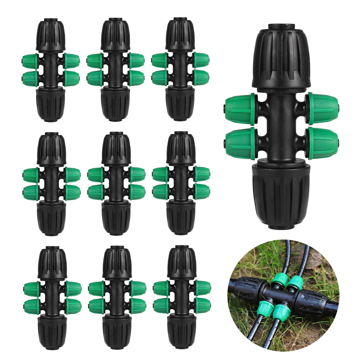 NRWRTY lock barbed tee six-way connector for leak-proof irrigation.