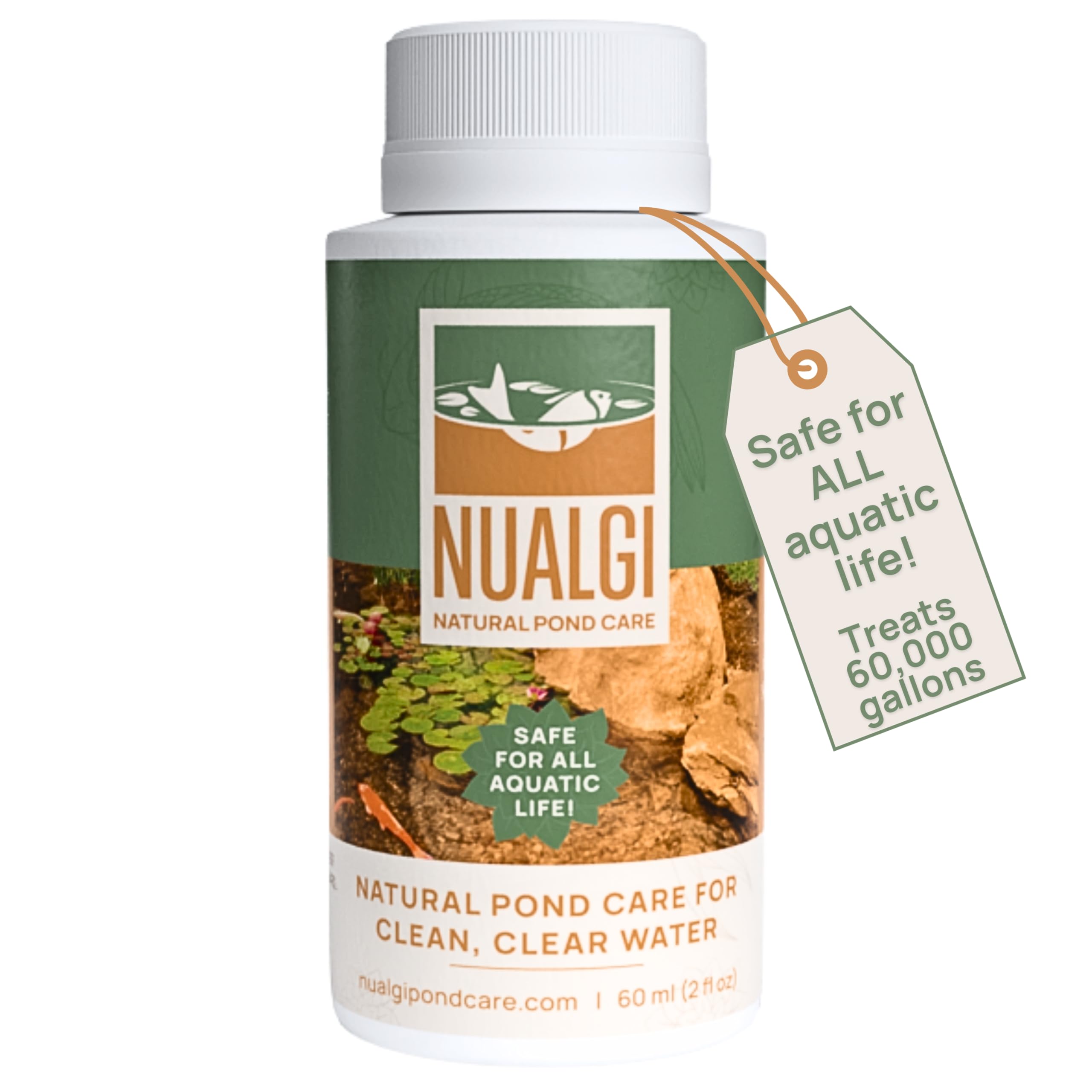 Nualgi Pond Care Treats bottle pour promotes natural pond clarity.