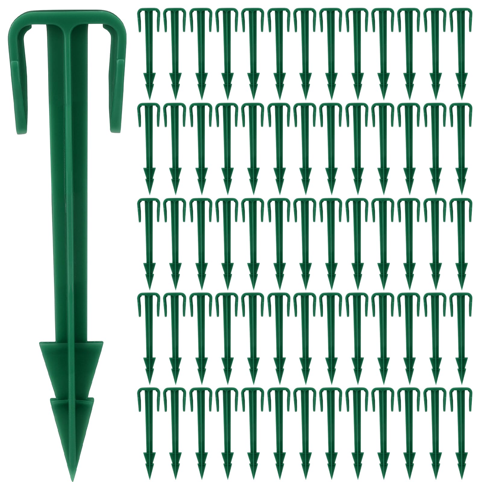 Nuanchu biodegradable green stakes for landscape fabric installation.