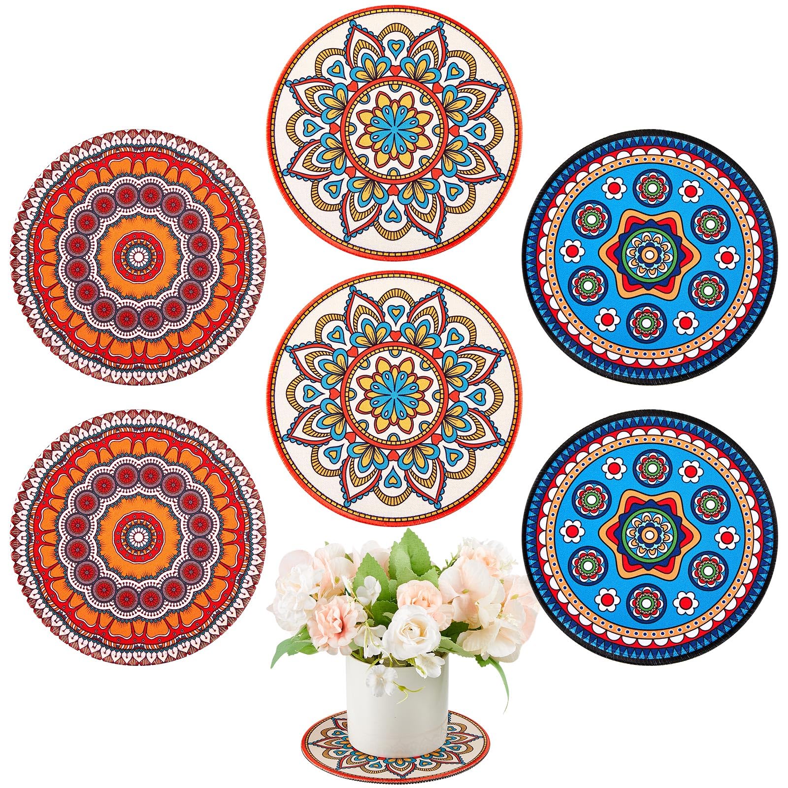 Nuanchu boho plant coaster set showing decorative 5.9-inch rounds for surface protection