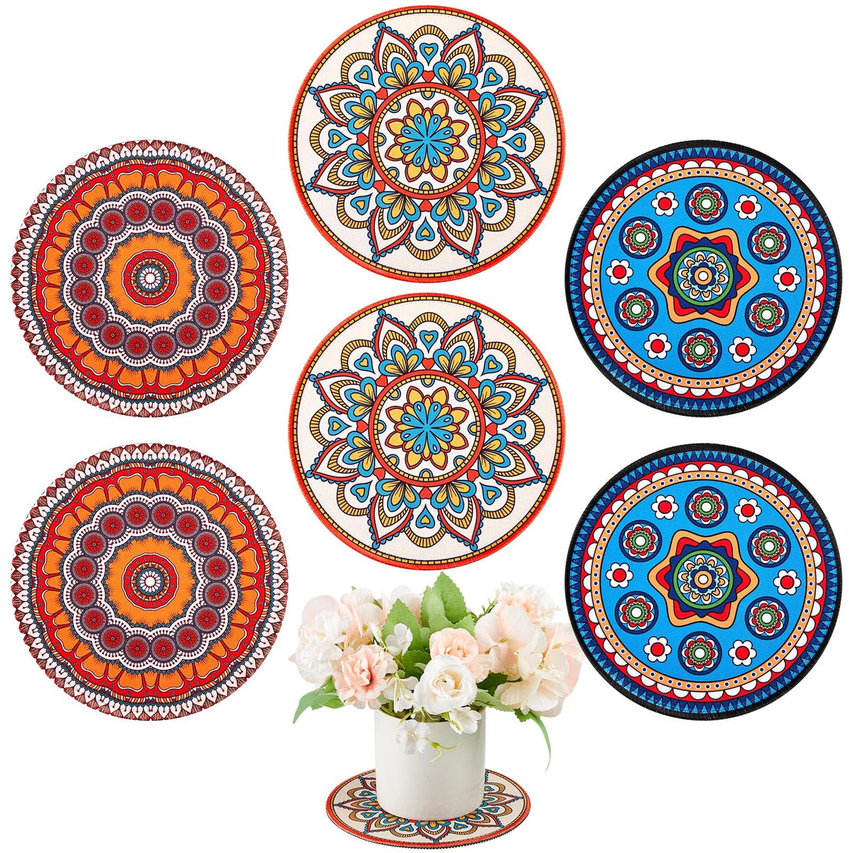 Nuanchu boho plant coaster set showing decorative 5.9-inch rounds for surface protection