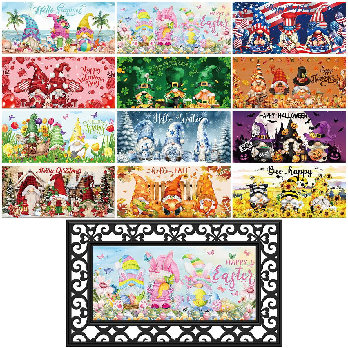 Nuanchu seasonal door mat inserts showing year‑round designs for welcome entryways.