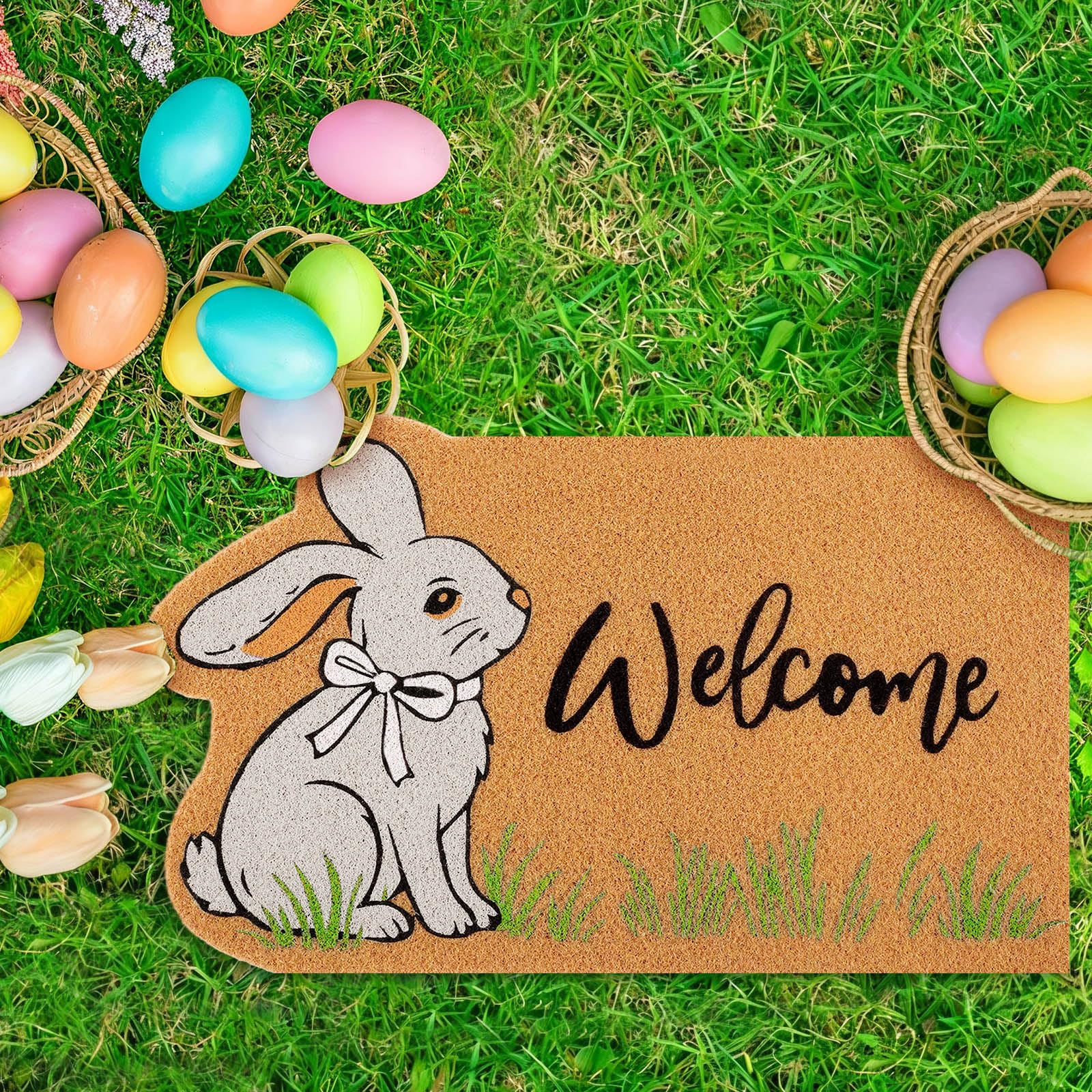 Nuanchu Easter Bunny doormat multicolor design enhances outdoor curb appeal