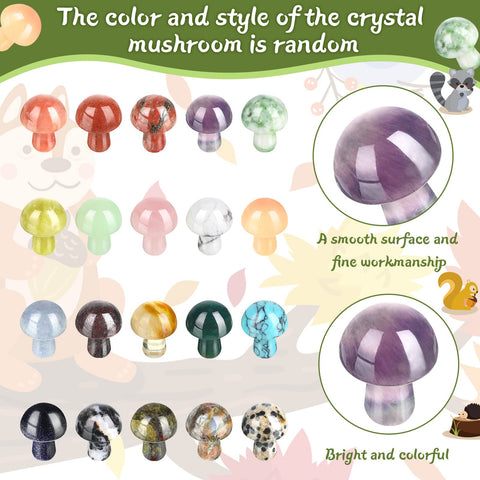Nuanchu miniature crystal mushroom figurines add whimsy to shelves and gardens.