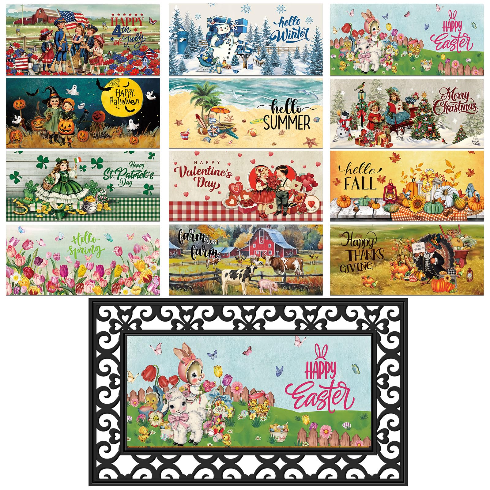 Nuanchu seasonal doormat inserts show twelve patterns for year round welcome