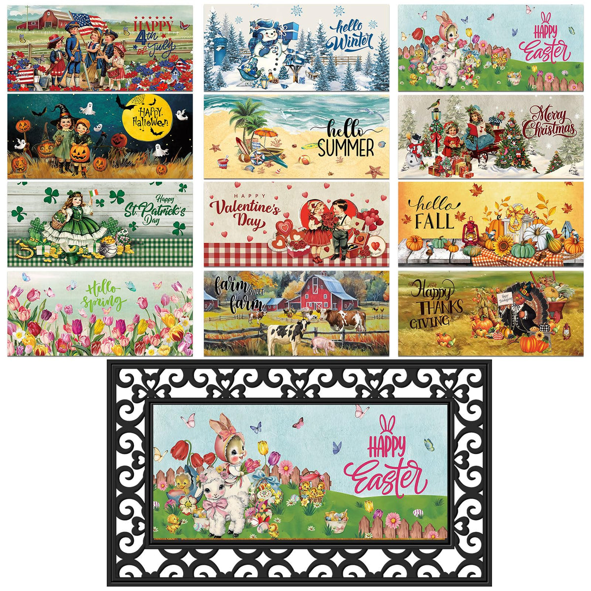 Nuanchu seasonal doormat inserts show twelve patterns for year round welcome