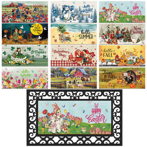 Nuanchu seasonal doormat inserts show twelve patterns for year round welcome