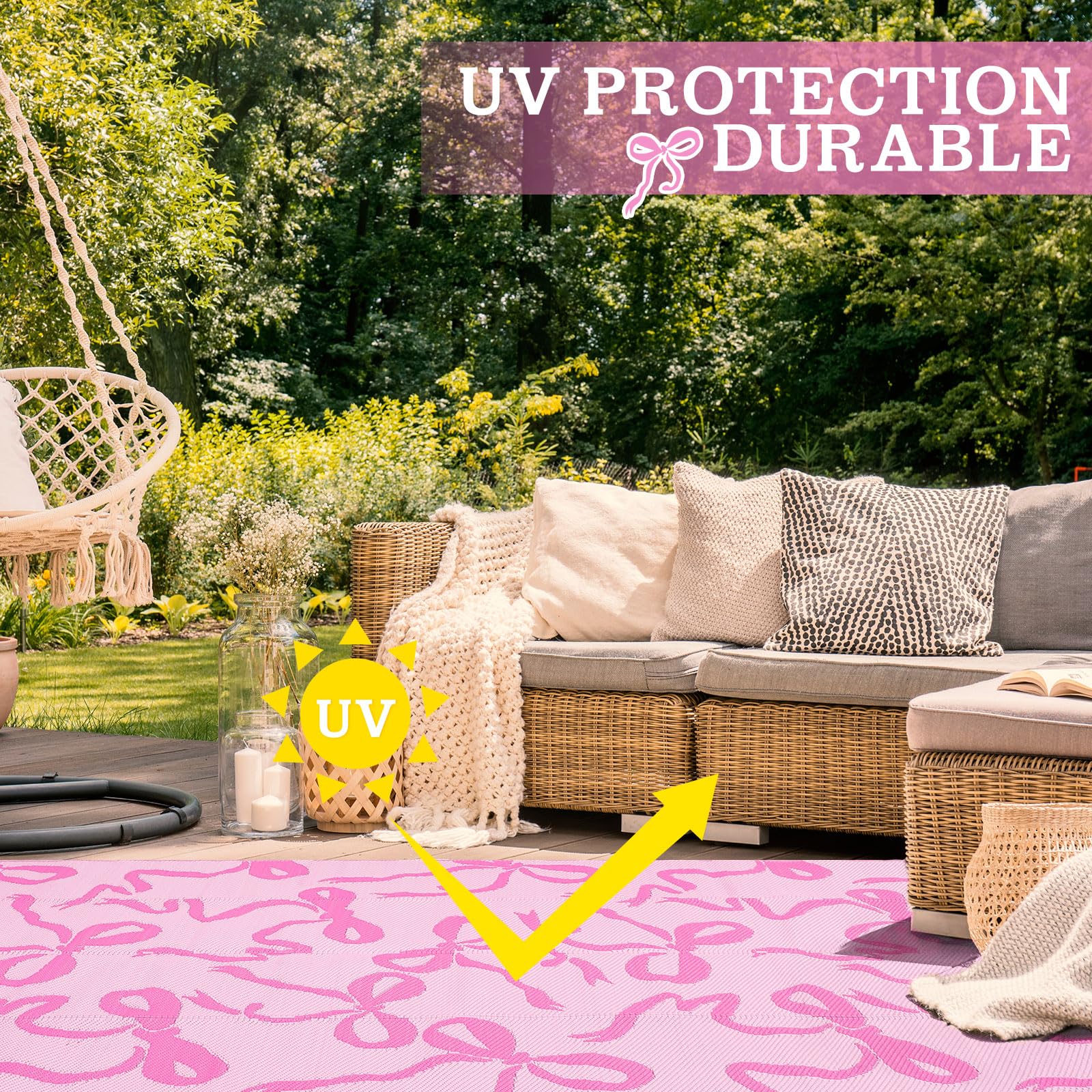 Nuanchu UV-protected outdoor rug keeps colors vibrant under sunlit poolside use.