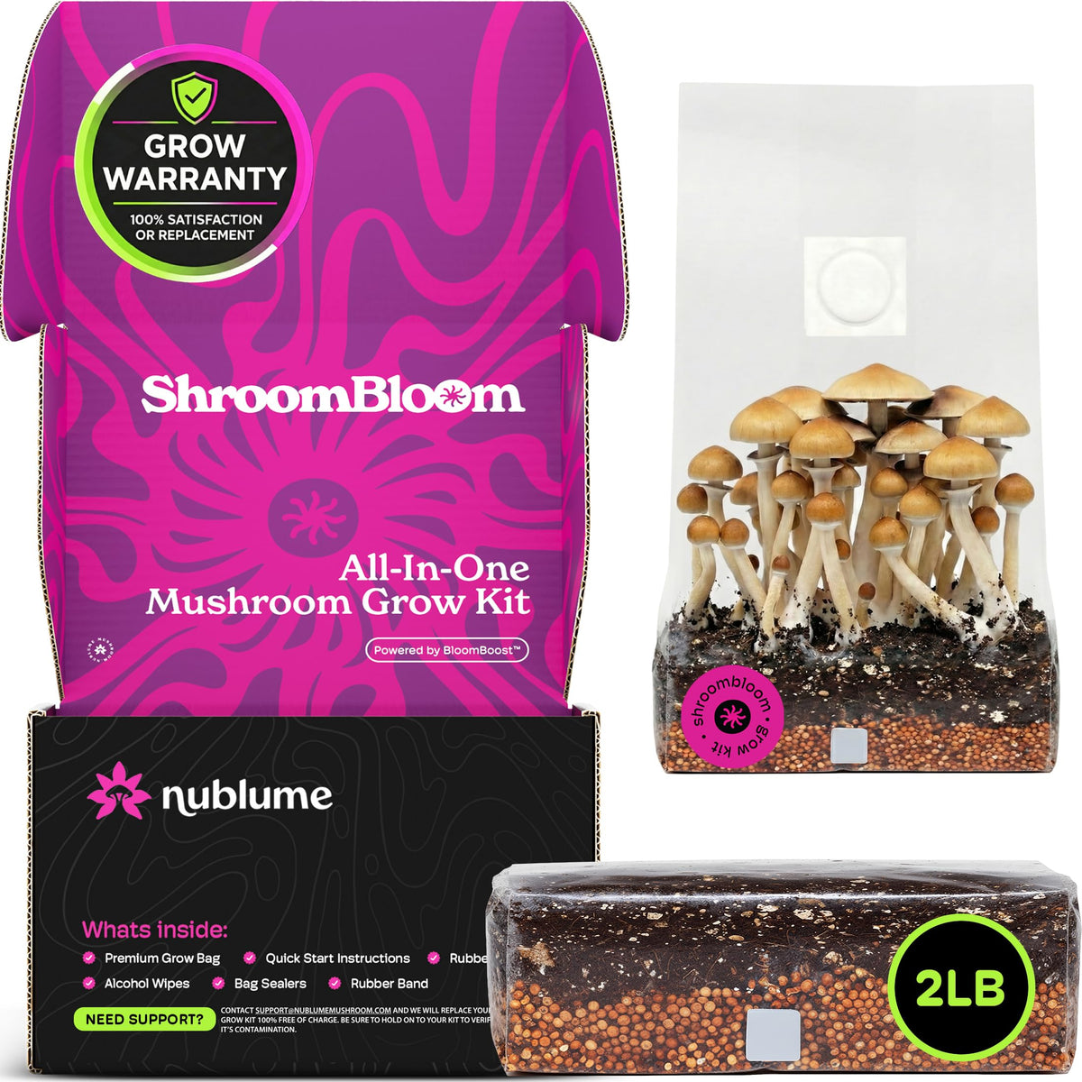 NuBlume mushroom grow kit 2lb bag ready for fast, beginner-friendly inoculation.
