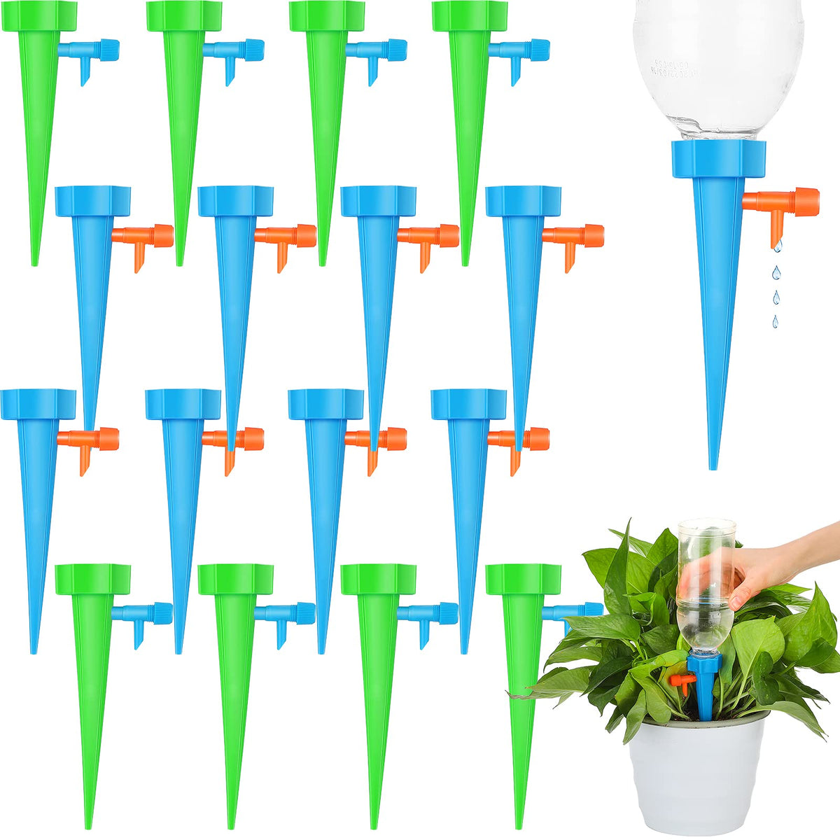 Nuenen self-watering spikes blue and green pack ready for bottle irrigation.