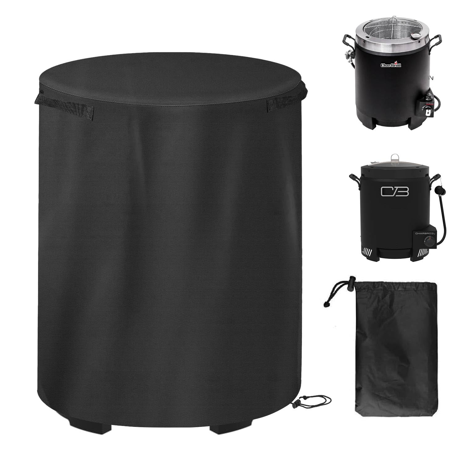 NUENSS-ROR cover on Char-Broil The Big Easy front view protects from rain and dust.