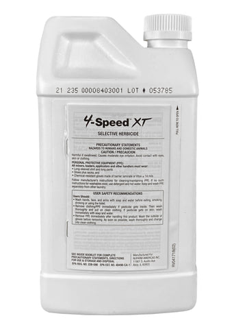 Nufarm 4-Speed XT bottle label close-up highlighting broadleaf weed ingredients