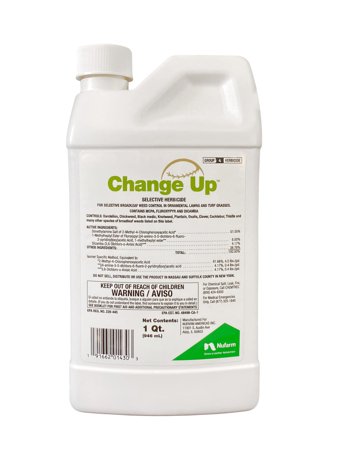 Nufarm Change Up bottle being poured for precise lawn application and effective weed control.