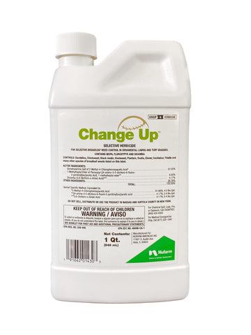 Nufarm Change Up bottle being poured for precise lawn application and effective weed control.