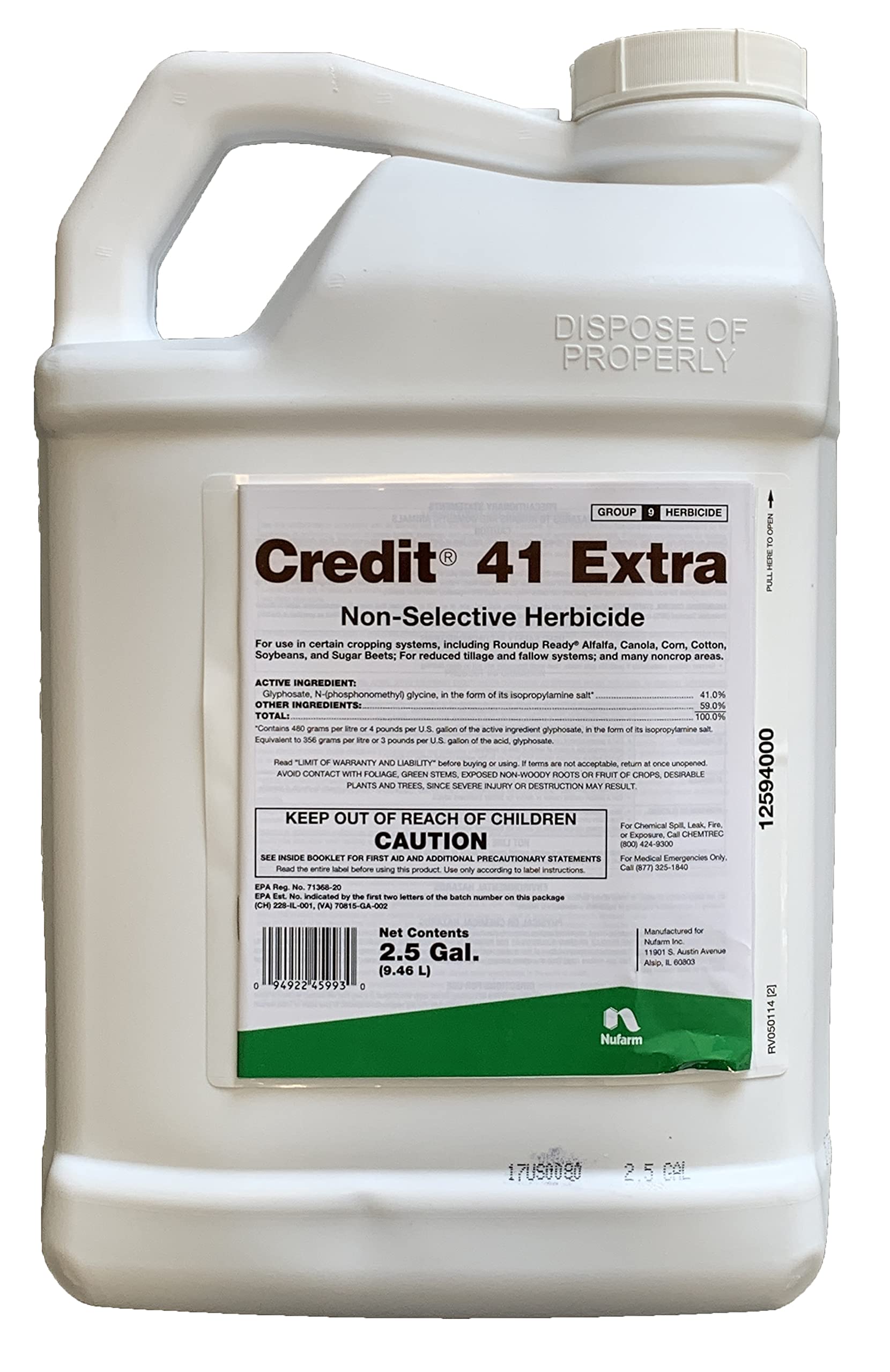 Nufarm Credit 41 Extra herbicide bottle shows 41% glyphosate with surfactant for broad weed control.