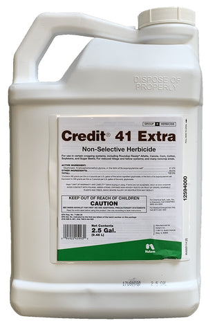 Nufarm Credit 41 Extra herbicide bottle shows 41% glyphosate with surfactant for broad weed control.