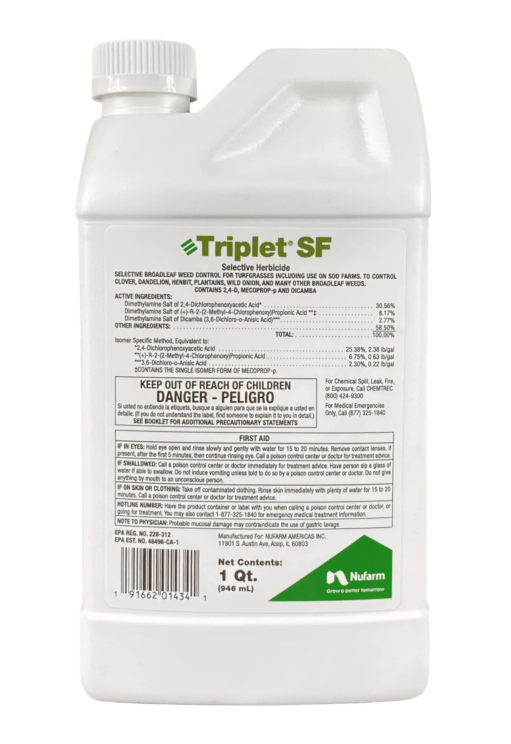 Nufarm Triplet SF selective herbicide bottle pour enables precise, safe application for broadleaf weed control.