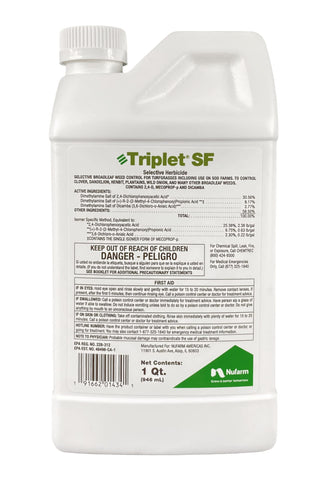 Nufarm Triplet SF selective herbicide bottle pour enables precise, safe application for broadleaf weed control.