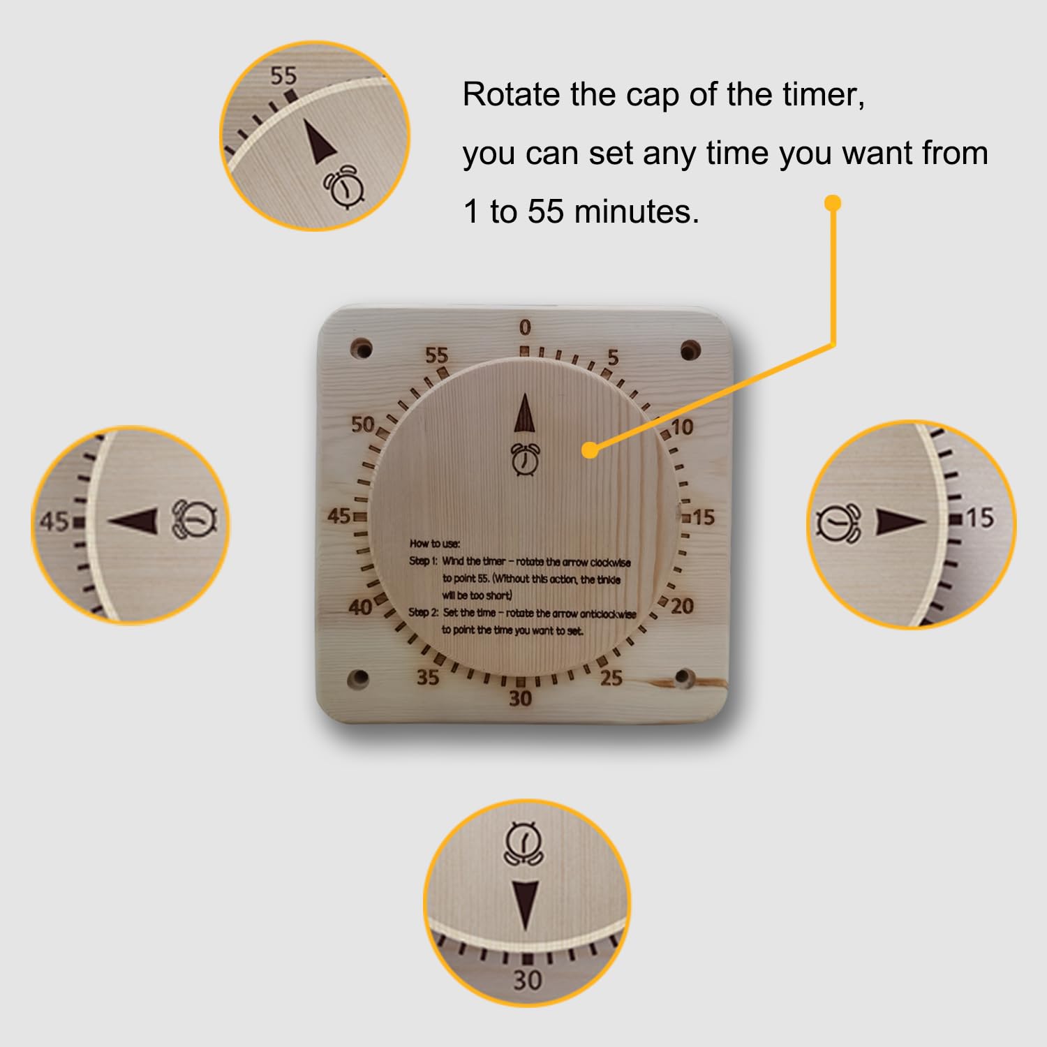NUIBY Battery-Free 55-Min Sauna Timer side view showing wind mechanism.
